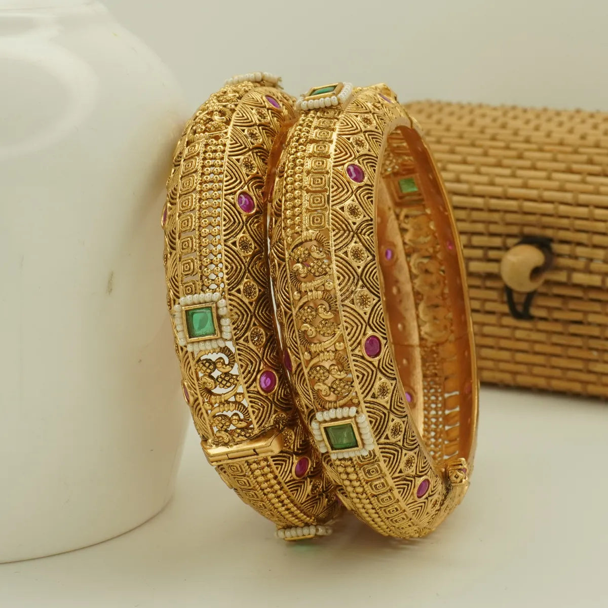 Antique Gold Plated Heavy Carved Green and Pink Stone Bridal Bangle Set