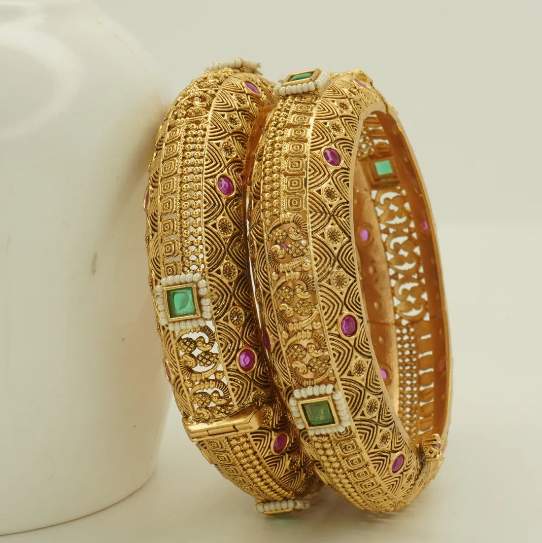 Antique Gold Plated Heavy Carved Green and Pink Stone Bridal Bangle Set