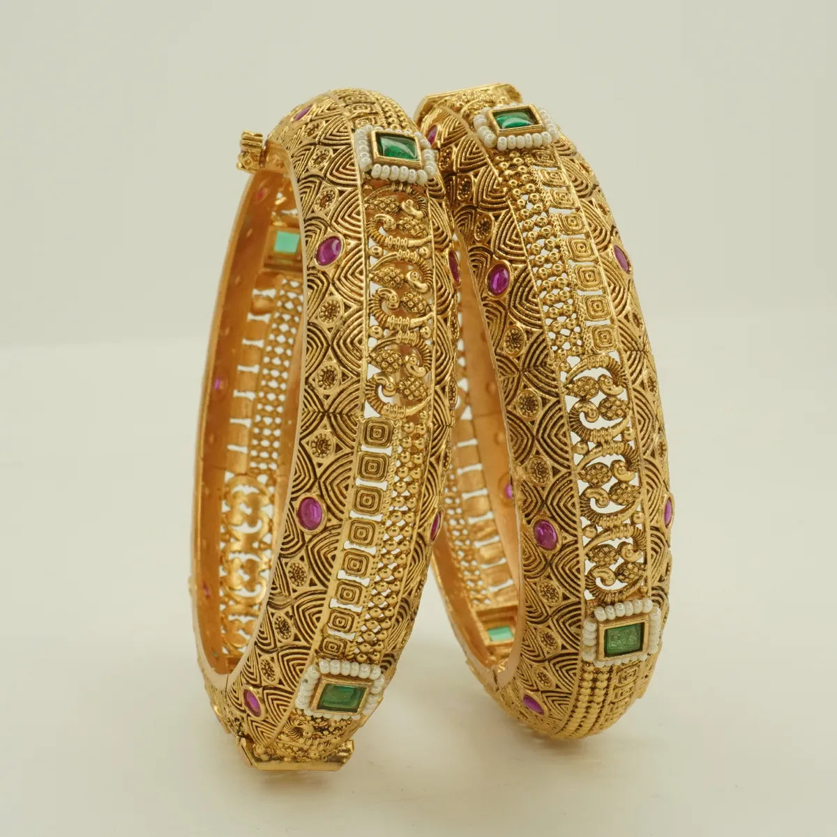 Antique Gold Plated Heavy Carved Green and Pink Stone Bridal Bangle Set
