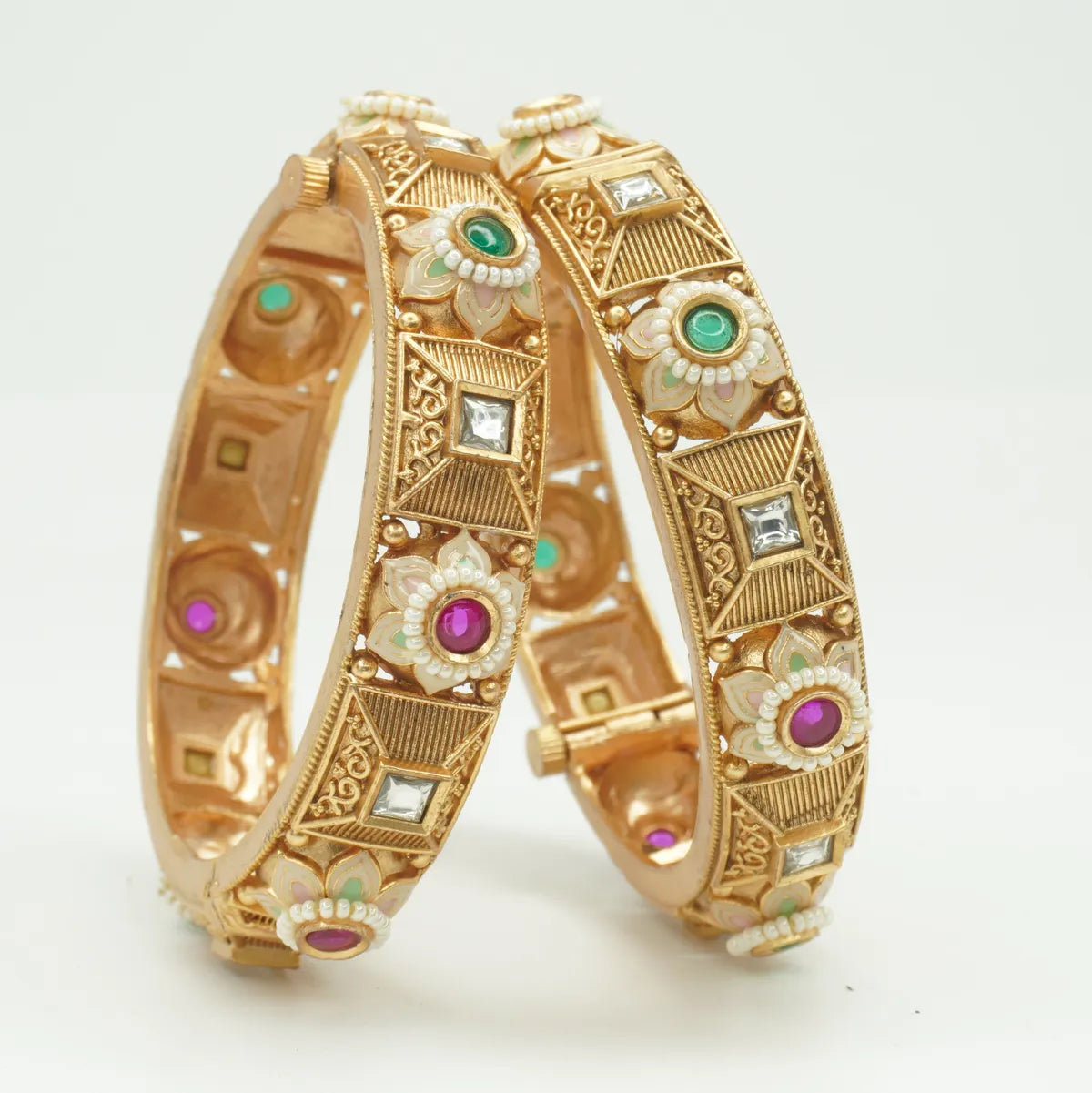 Antique Gold Plated Floral Meenakari & Stone Kada Bangle Pair for Women