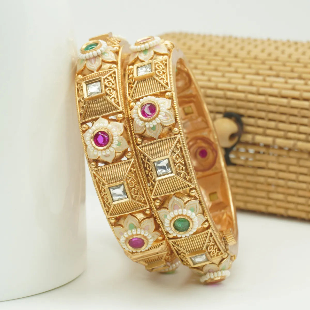 Antique Gold Plated Floral Meenakari & Stone Kada Bangle Pair for Women