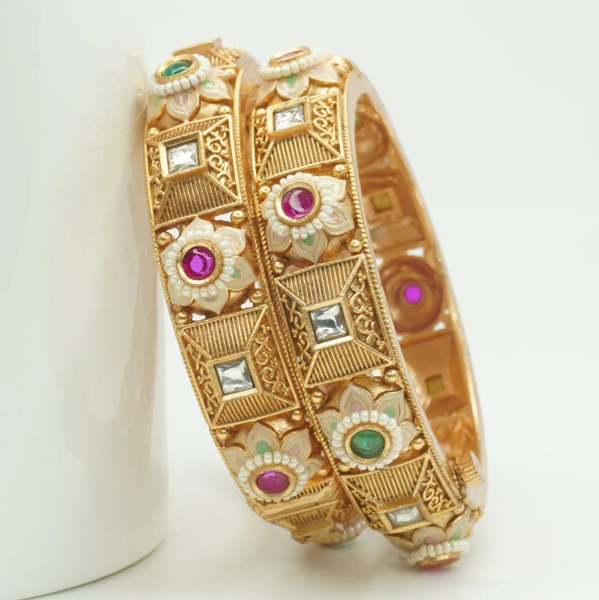 Antique Gold Plated Floral Meenakari & Stone Kada Bangle Pair for Women
