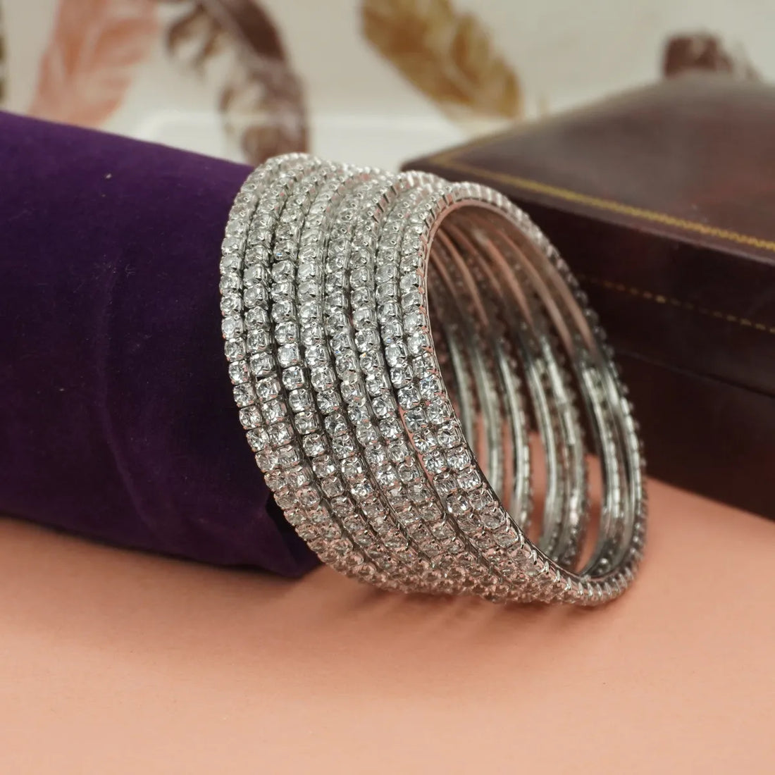 Rodium Plated 8 Pieces AD Bangles Set