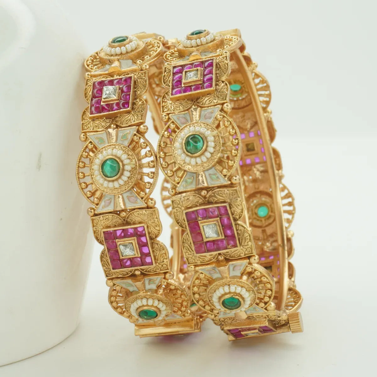 Antique Gold Plated Designer Kada Bangle Pair with Green & Pink Stones for Women