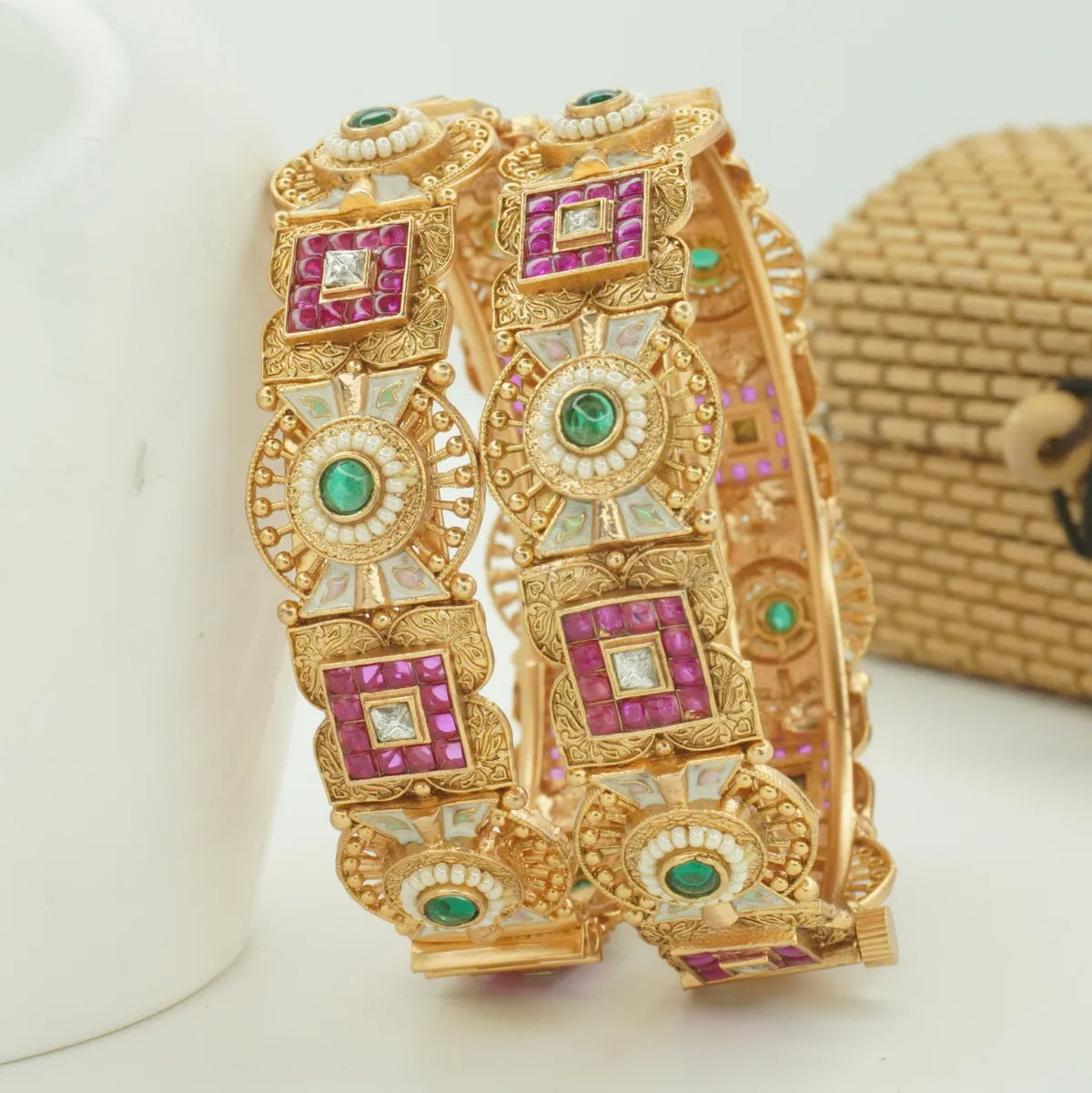 Antique Gold Plated Designer Kada Bangle Pair with Green & Pink Stones for Women