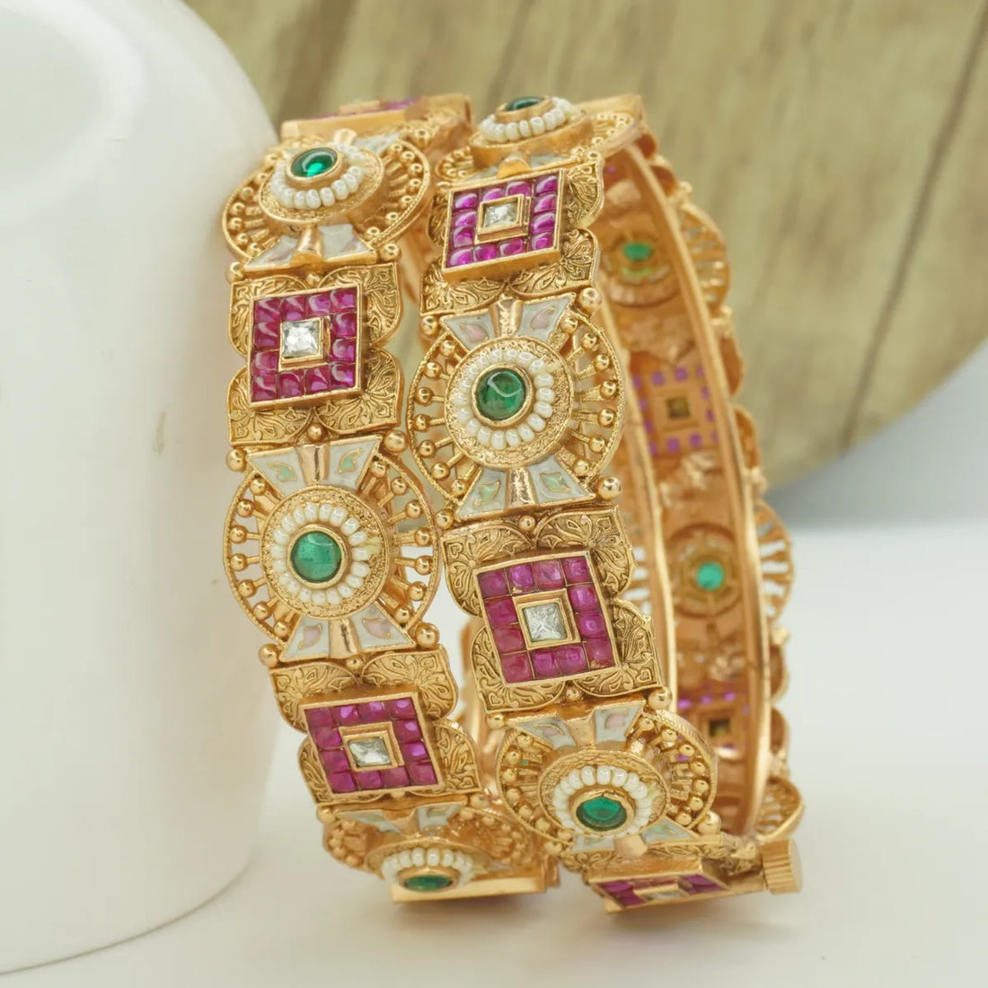 Antique Gold Plated Designer Kada Bangle Pair with Green & Pink Stones for Women