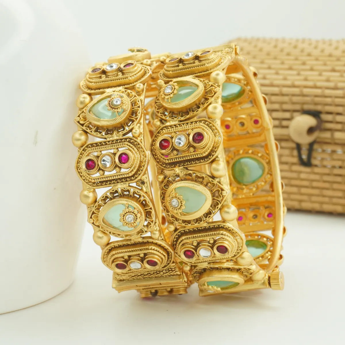 Panini Jewels Gold Plated Antique Finish Stone Studded Designer Bangles Set