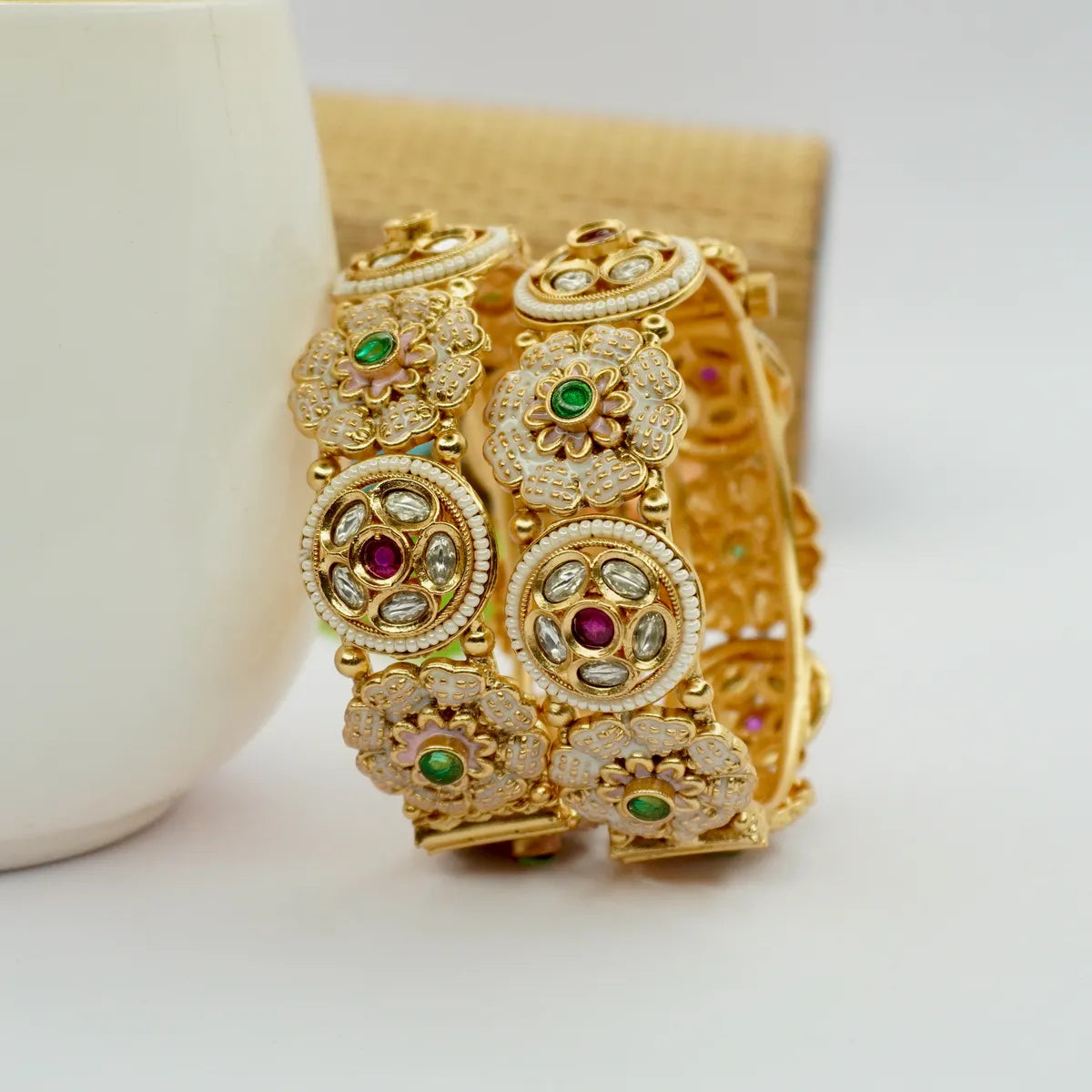 Light Meena Work with AD & Polki Studded Openable Copper Bangles Set