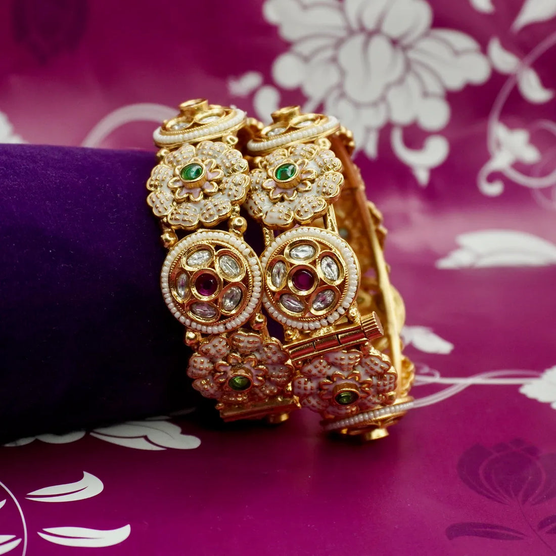 Light Meena Work with AD & Polki Studded Openable Copper Bangles Set