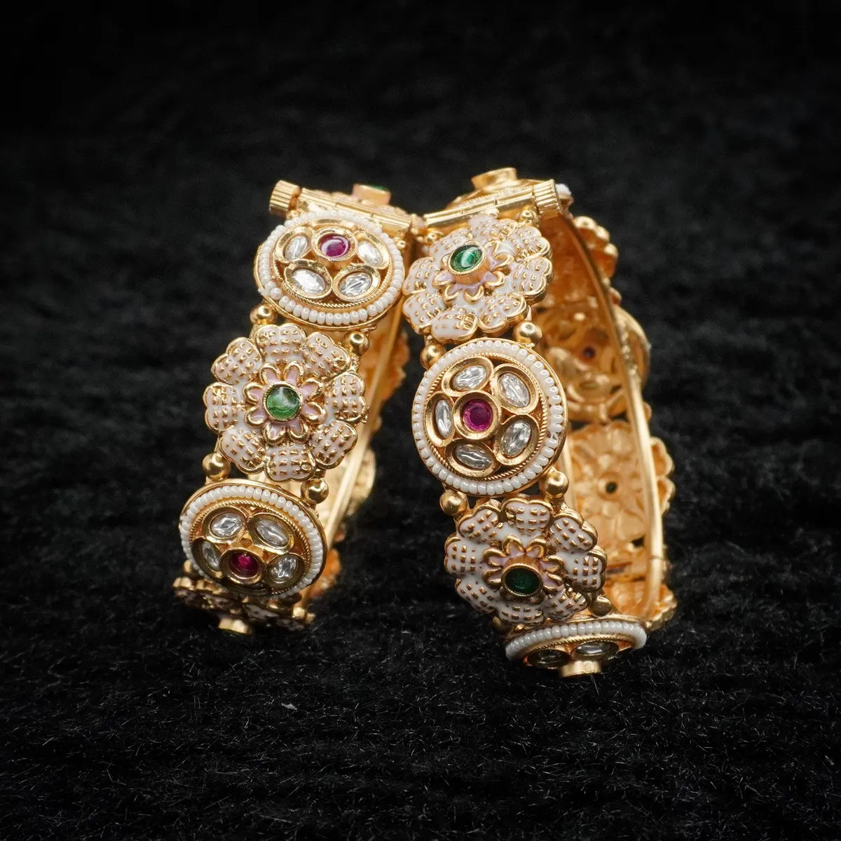 Light Meena Work with AD & Polki Studded Openable Copper Bangles Set