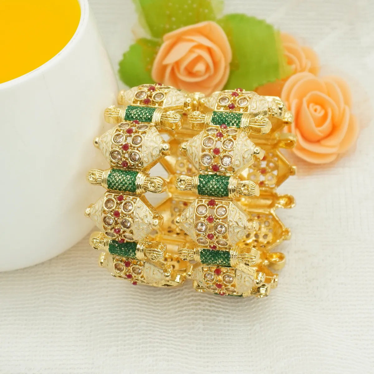Gold-Plated Traditional Kada Bangle with Red & Green Stone Detailing