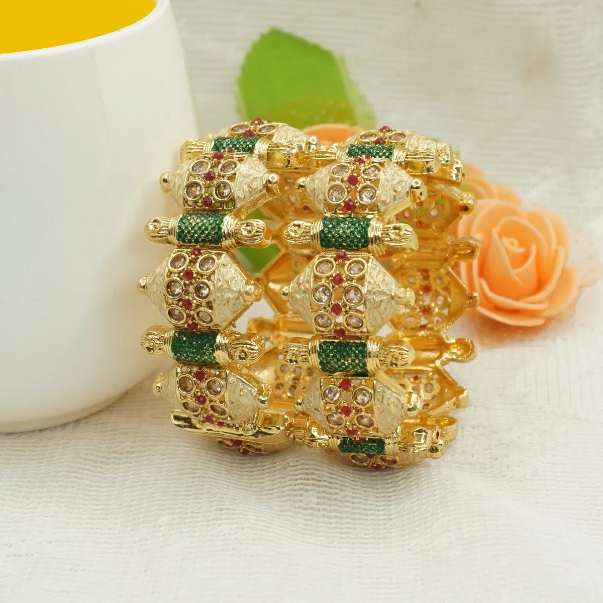 Gold-Plated Traditional Kada Bangle with Red & Green Stone Detailing