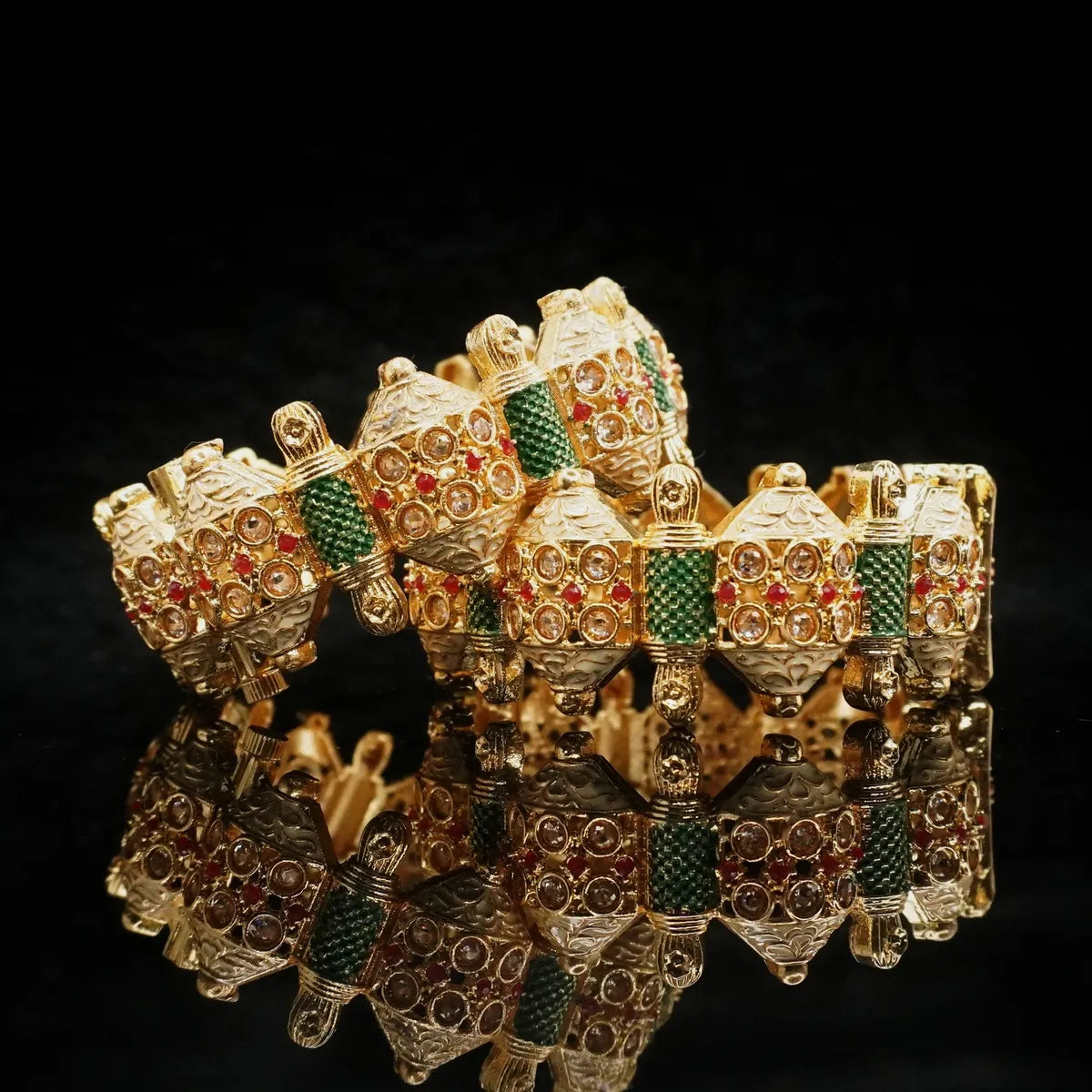 Gold-Plated Traditional Kada Bangle with Red & Green Stone Detailing