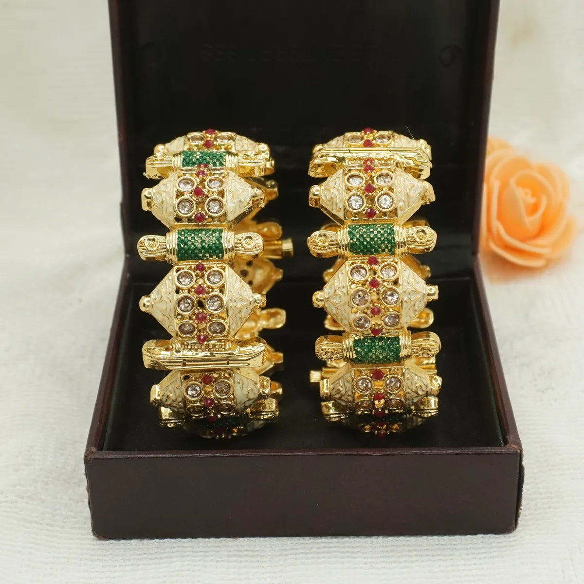 Gold-Plated Traditional Kada Bangle with Red & Green Stone Detailing