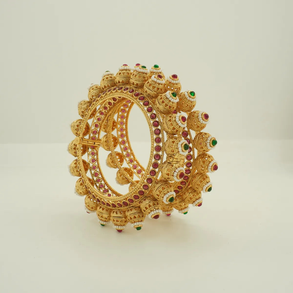 Antique Gold Plated Heavy Dome Pearl Green and Pink Stone Bridal Bangle Set