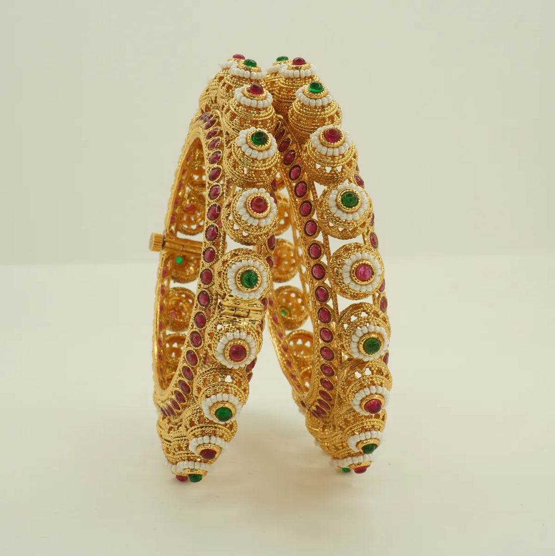 Antique Gold Plated Heavy Dome Pearl Green and Pink Stone Bridal Bangle Set