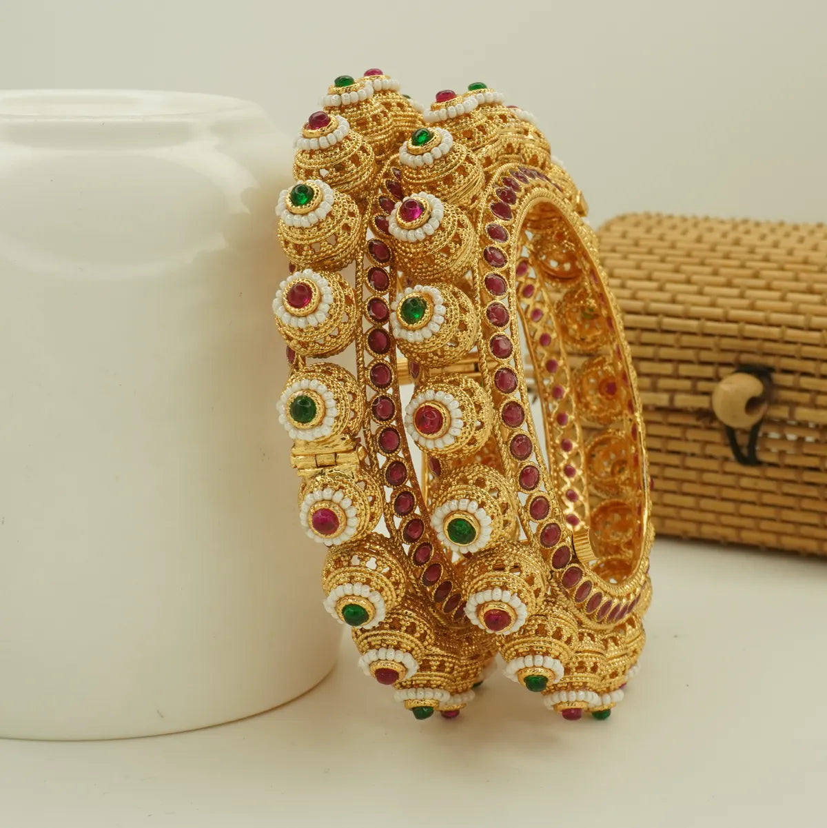 Antique Gold Plated Heavy Dome Pearl Green and Pink Stone Bridal Bangle Set