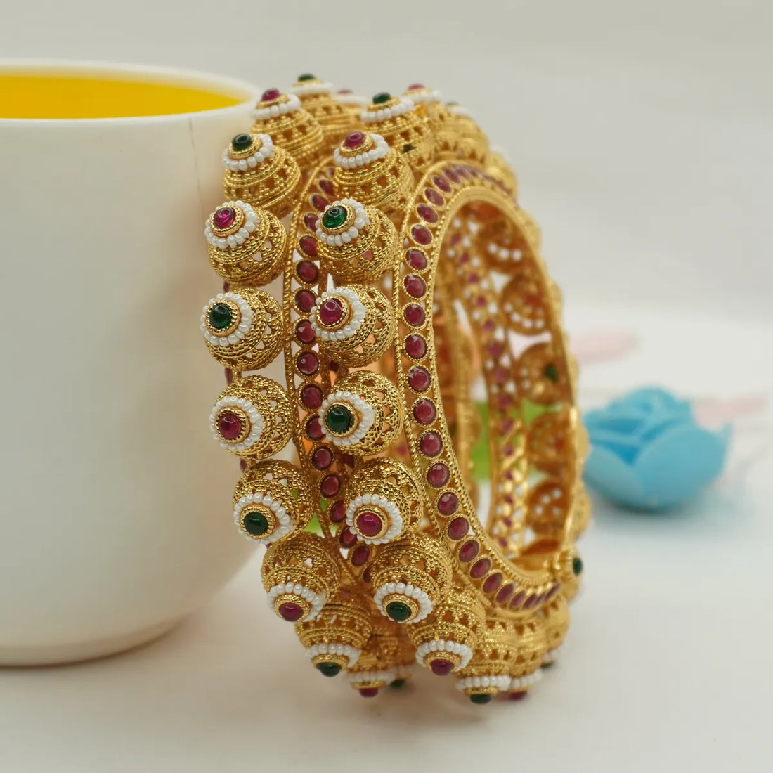 Antique Gold Plated Heavy Dome Pearl Green and Pink Stone Bridal Bangle Set