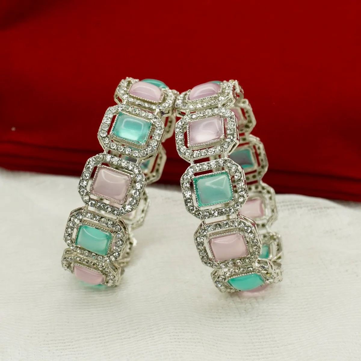 Rhodium-Plated Pastel Stone Bangle with Crystal Detailing