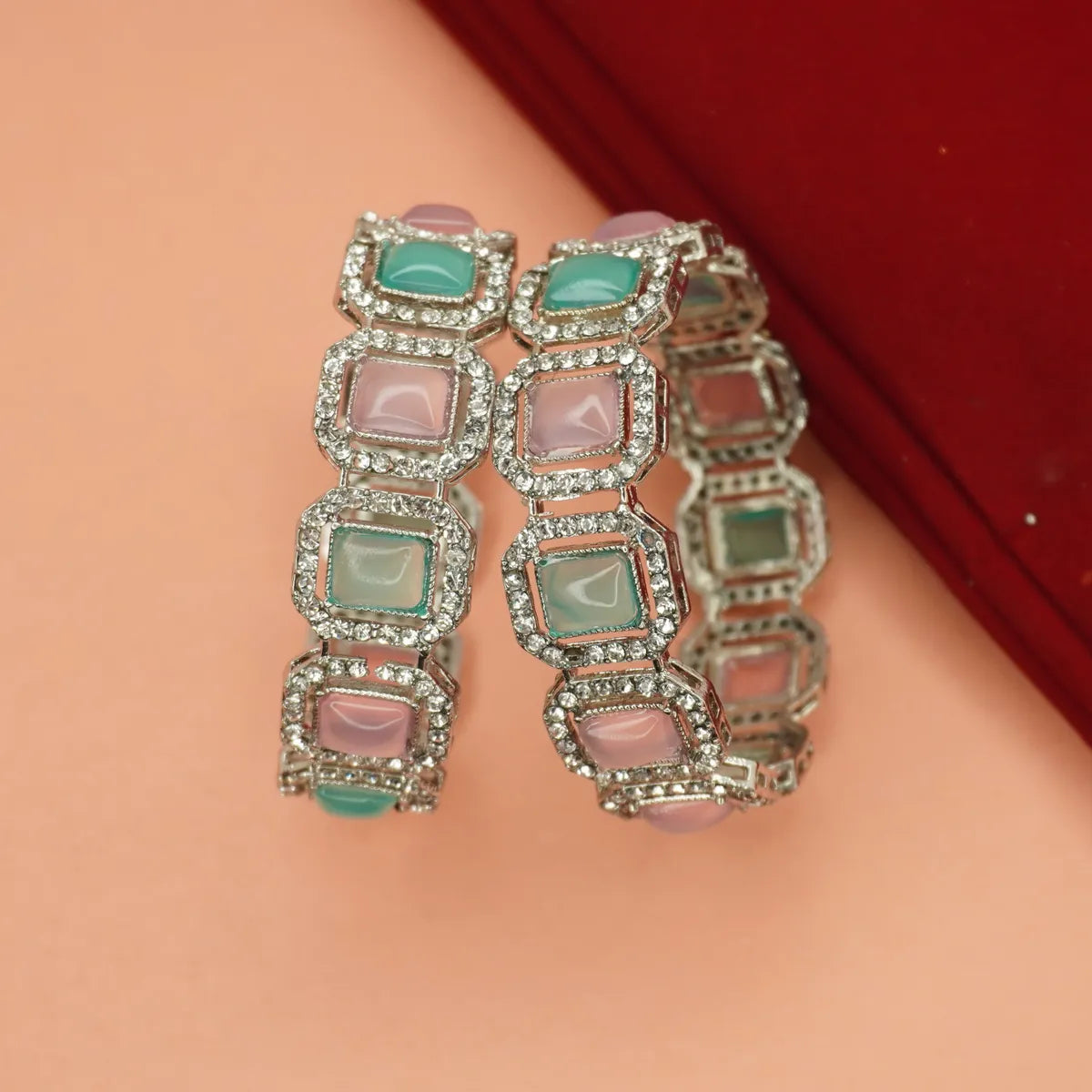 Rhodium-Plated Pastel Stone Bangle with Crystal Detailing