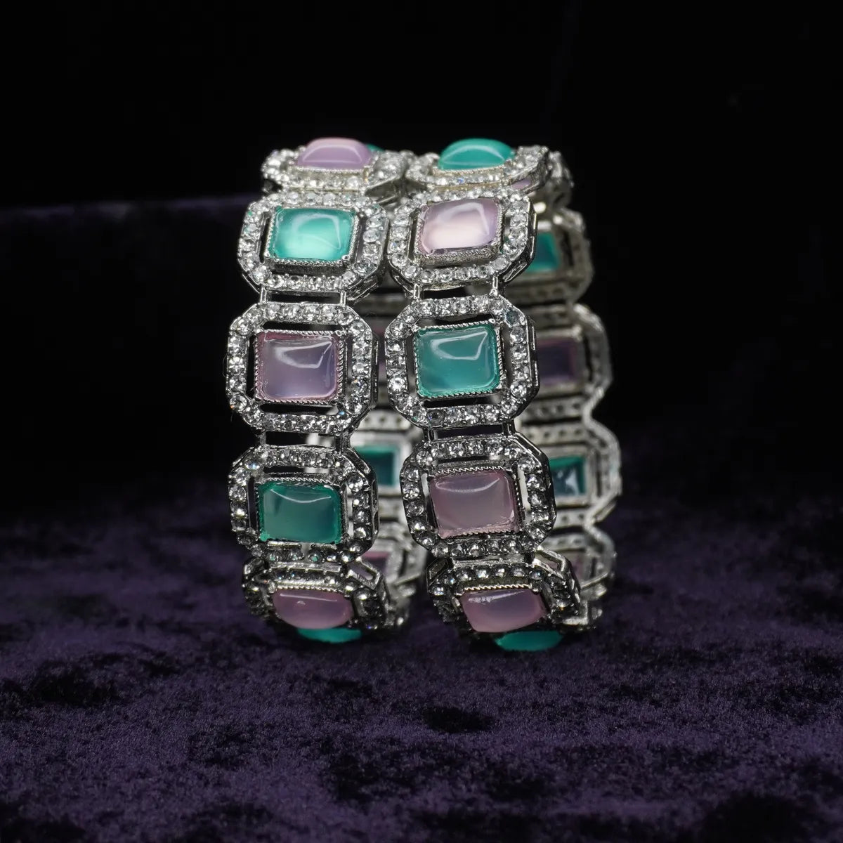 Rhodium-Plated Pastel Stone Bangle with Crystal Detailing