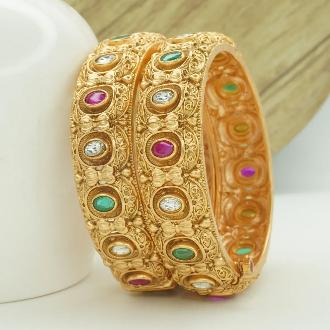 Antique Gold Plated Kundan Stone Kada Bangle Pair for Women