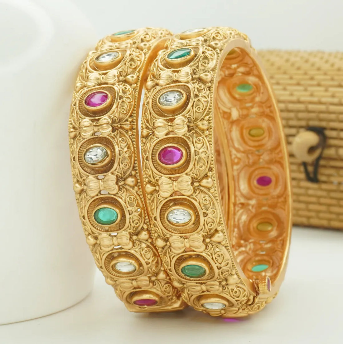 Antique Gold Plated Kundan Stone Kada Bangle Pair for Women