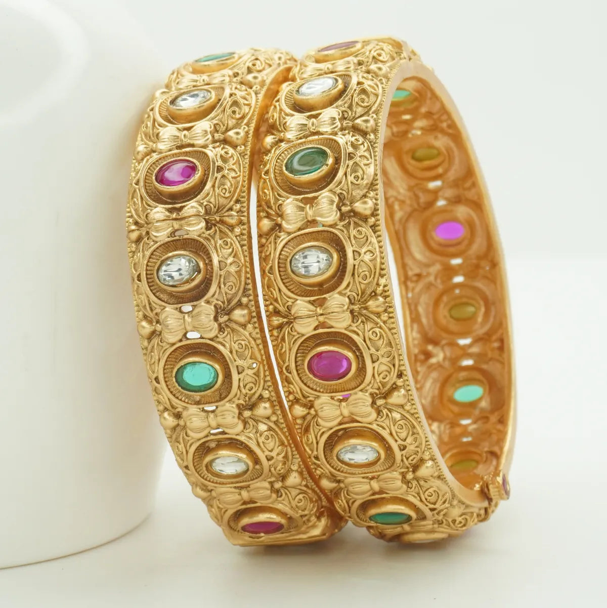Antique Gold Plated Kundan Stone Kada Bangle Pair for Women