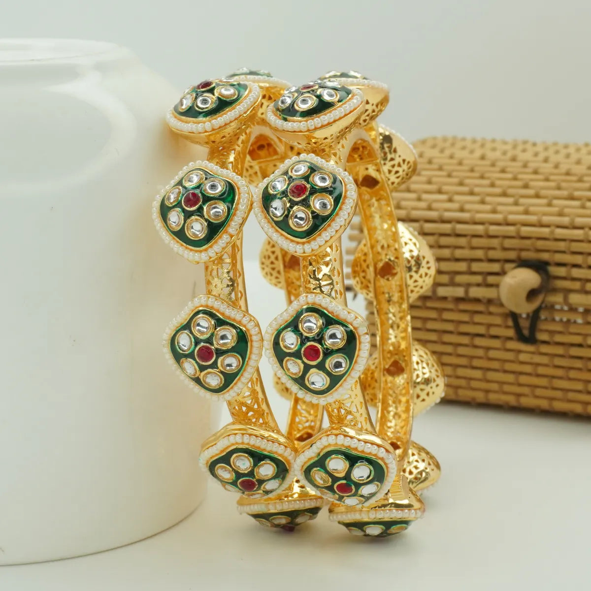 Panini Jewels Gold Plated Kundan Meenakari Pearl Designer Bangles Set