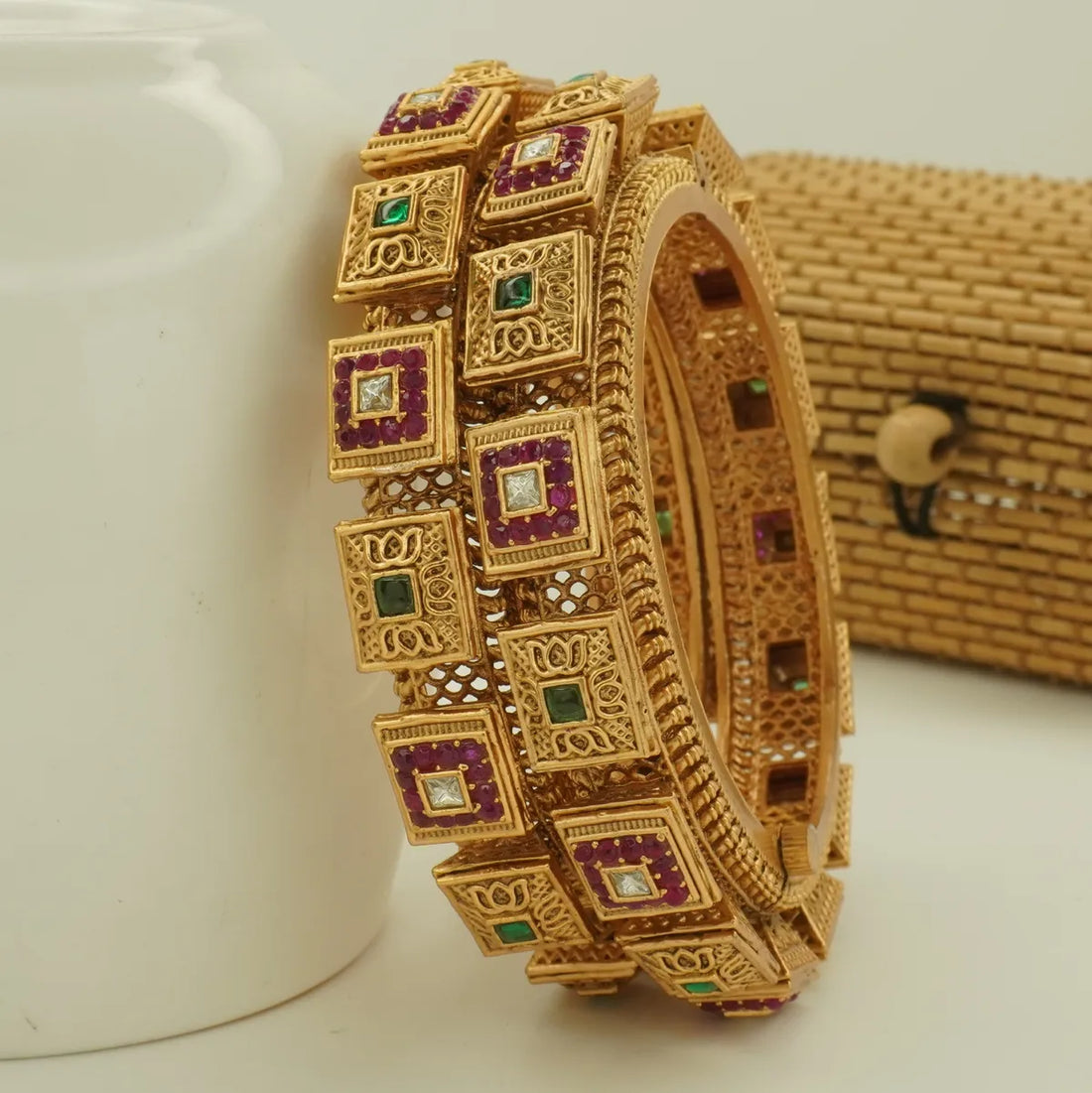 Antique Gold Plated Square Stone Heavy Bridal Designer Bangle Set for Women