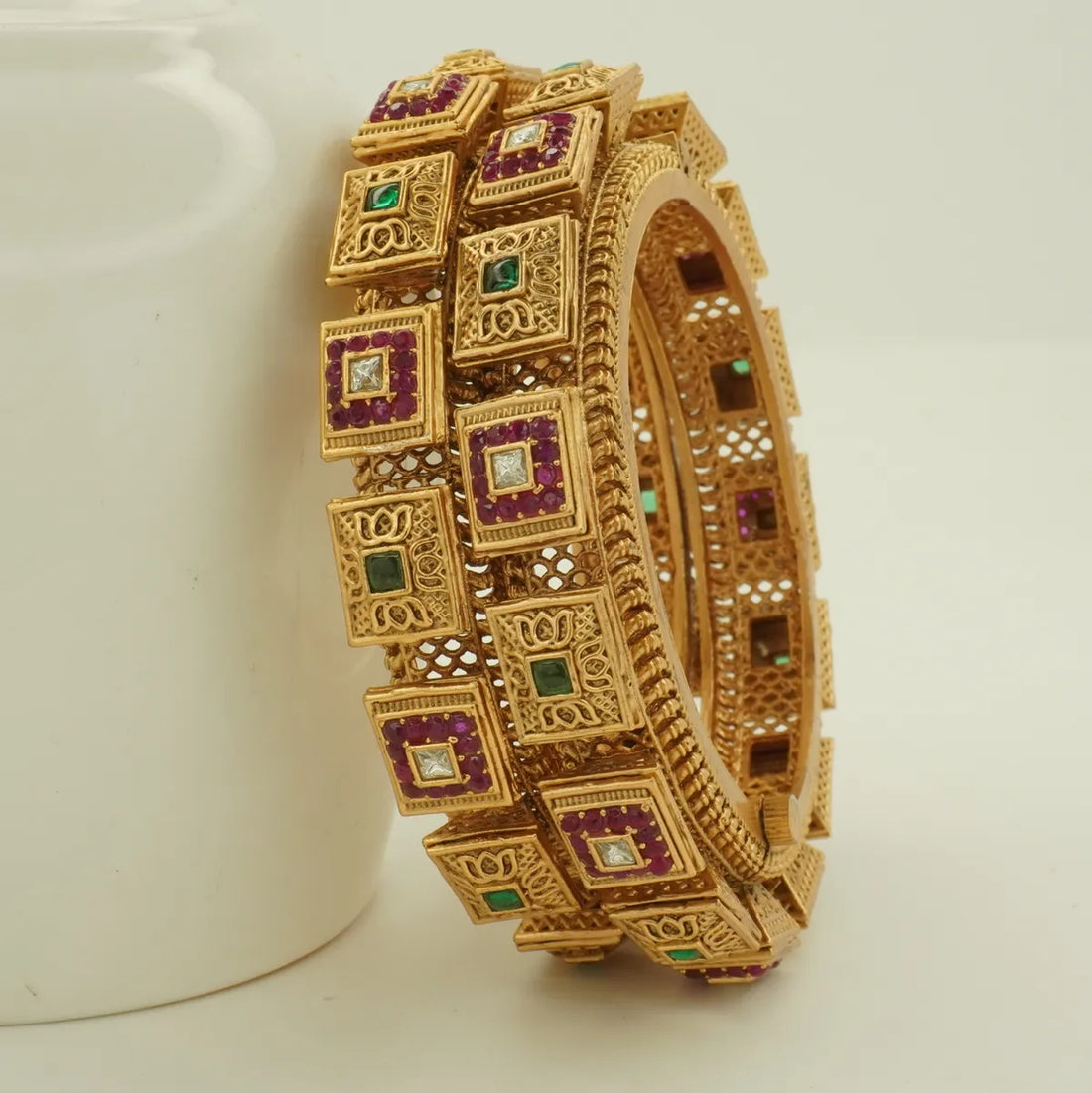 Antique Gold Plated Square Stone Heavy Bridal Designer Bangle Set for Women