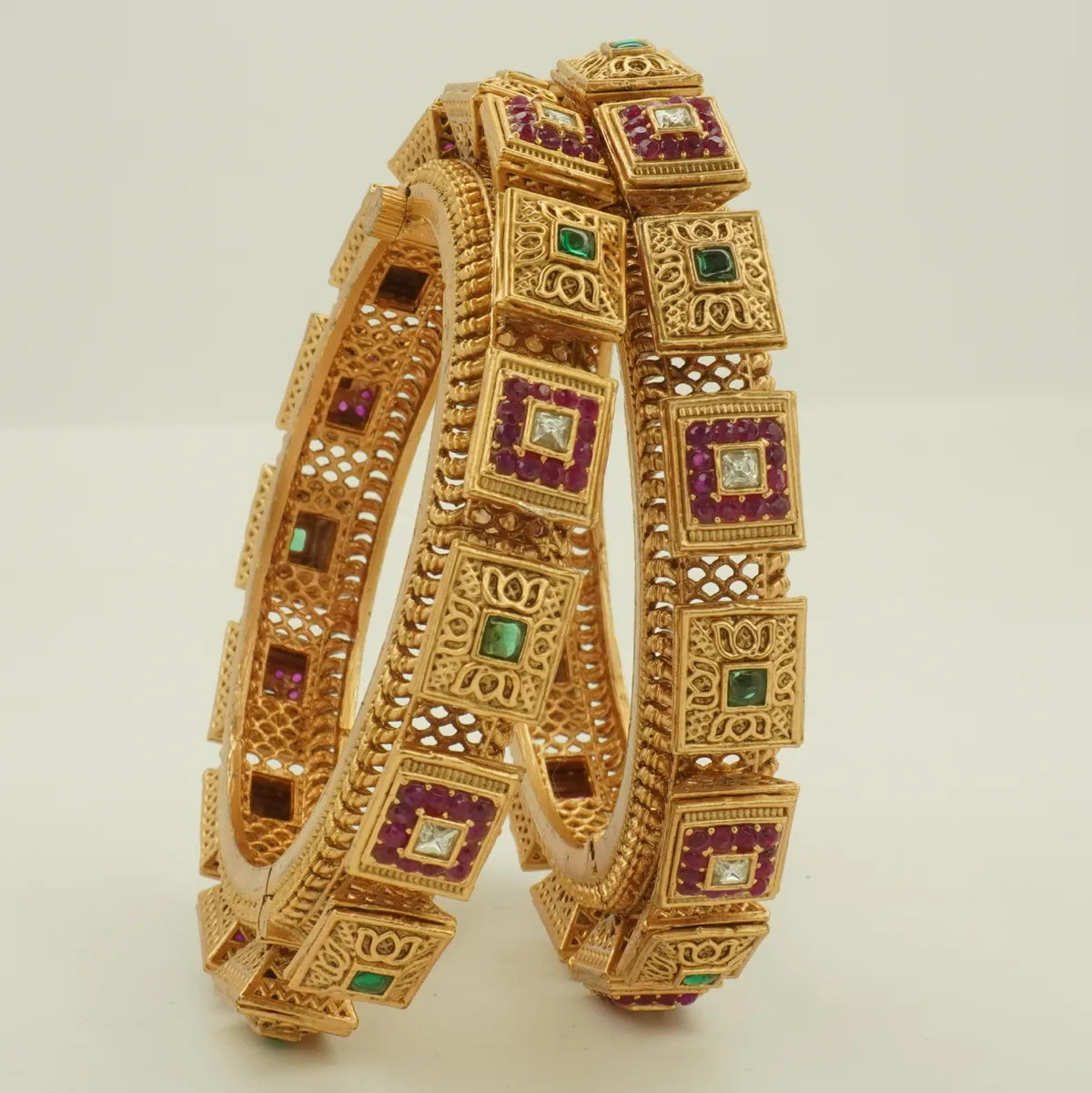 Antique Gold Plated Square Stone Heavy Bridal Designer Bangle Set for Women