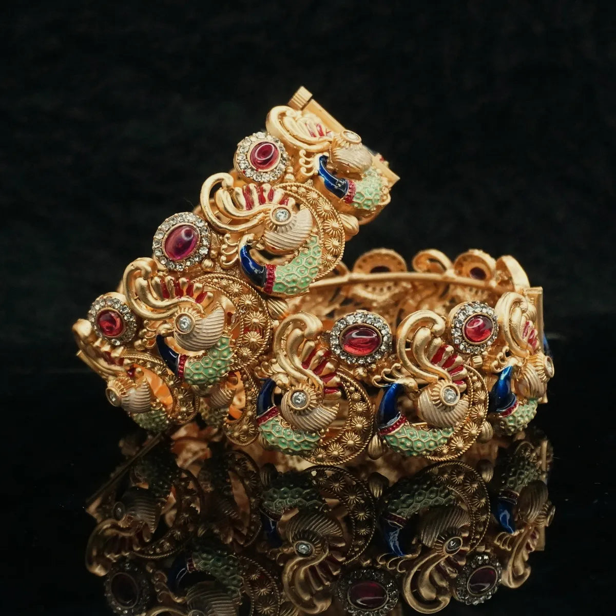 Gold Plated Peacock Shaped Design Bangle Kada (2 Pieces )