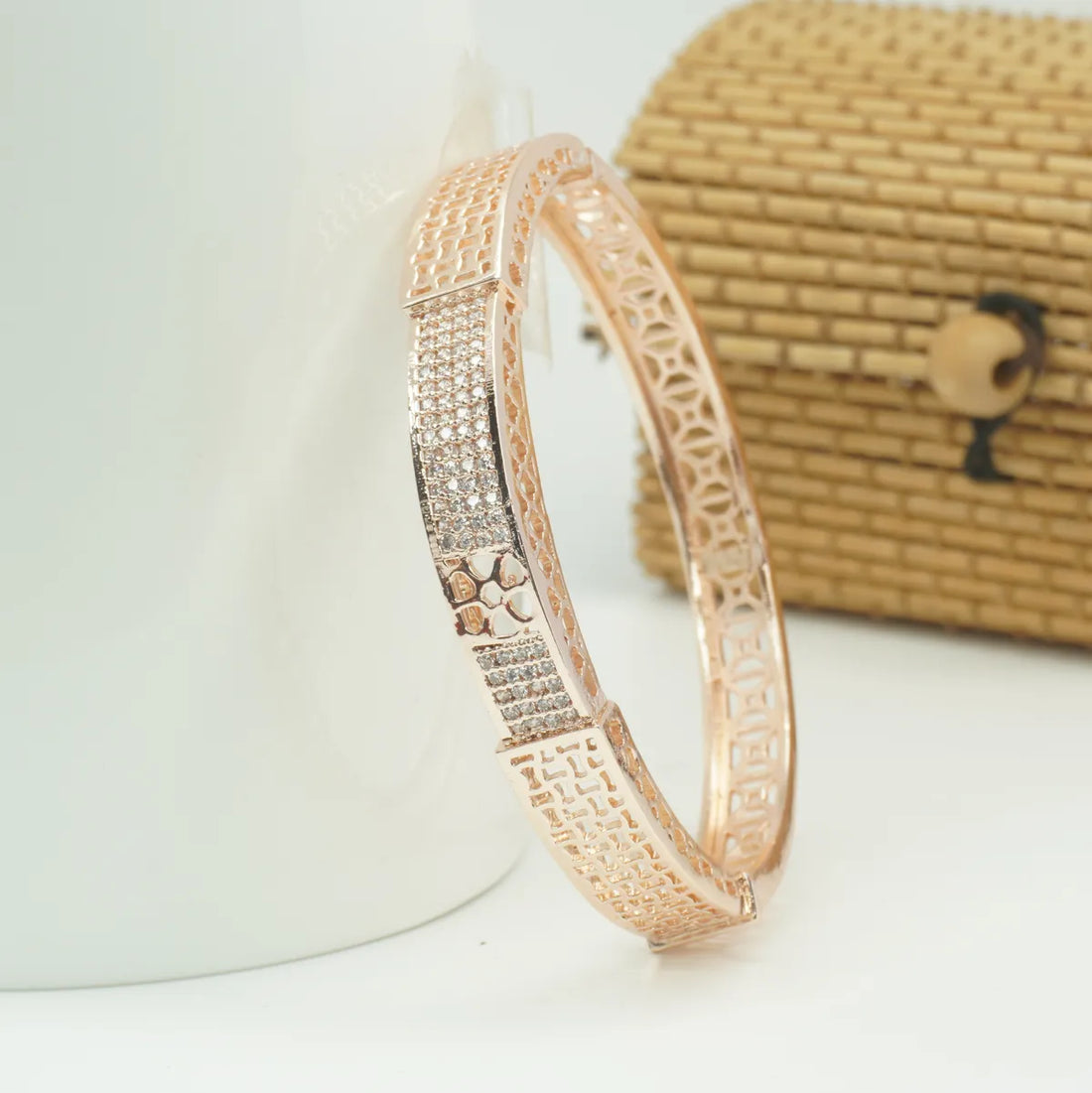 Panini Jewels Rose Gold Plated Crystal Studded Cutwork Designer Kada Bangle