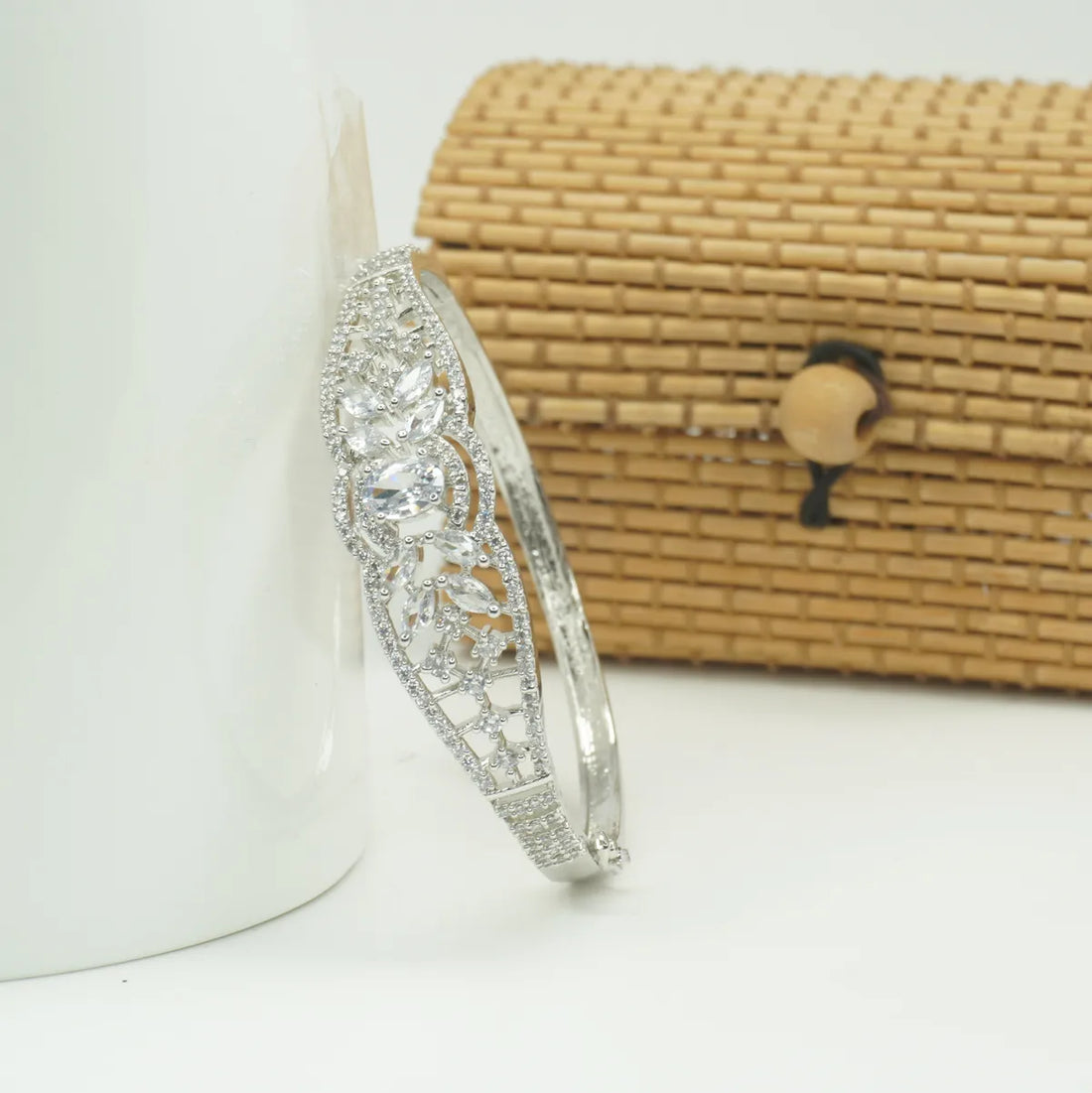 Panini Jewels Silver Plated Leaf Motif Crystal Studded Designer Kada Bangle
