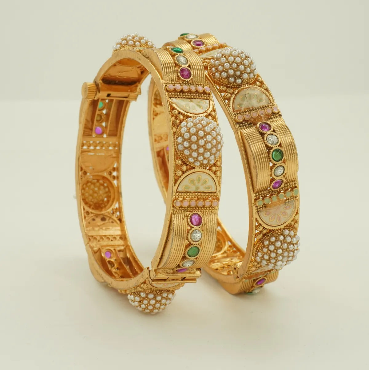 Antique Gold Plated Pearl Dome Heavy Bridal Bangle Set for Women