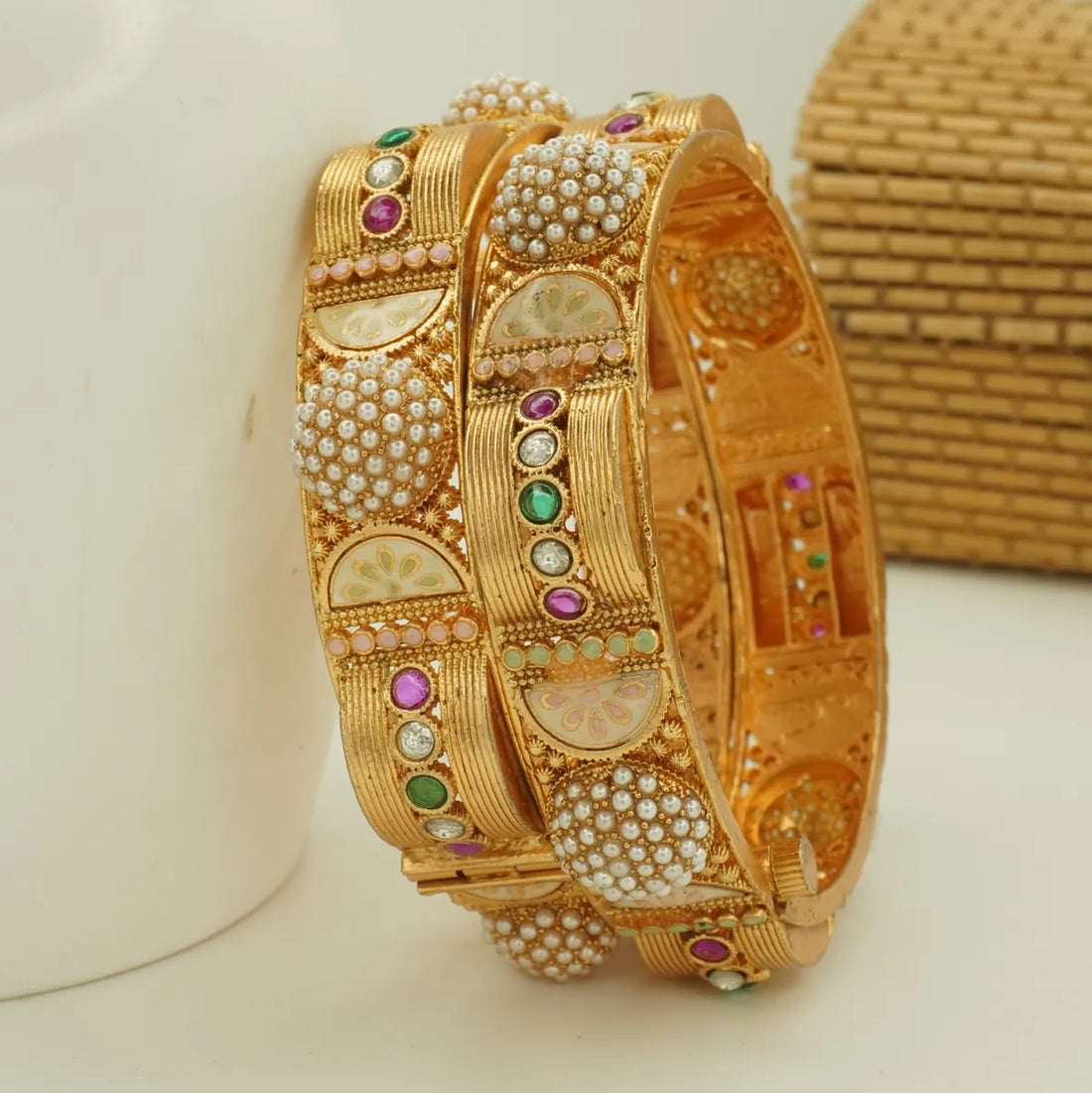 Antique Gold Plated Pearl Dome Heavy Bridal Bangle Set for Women