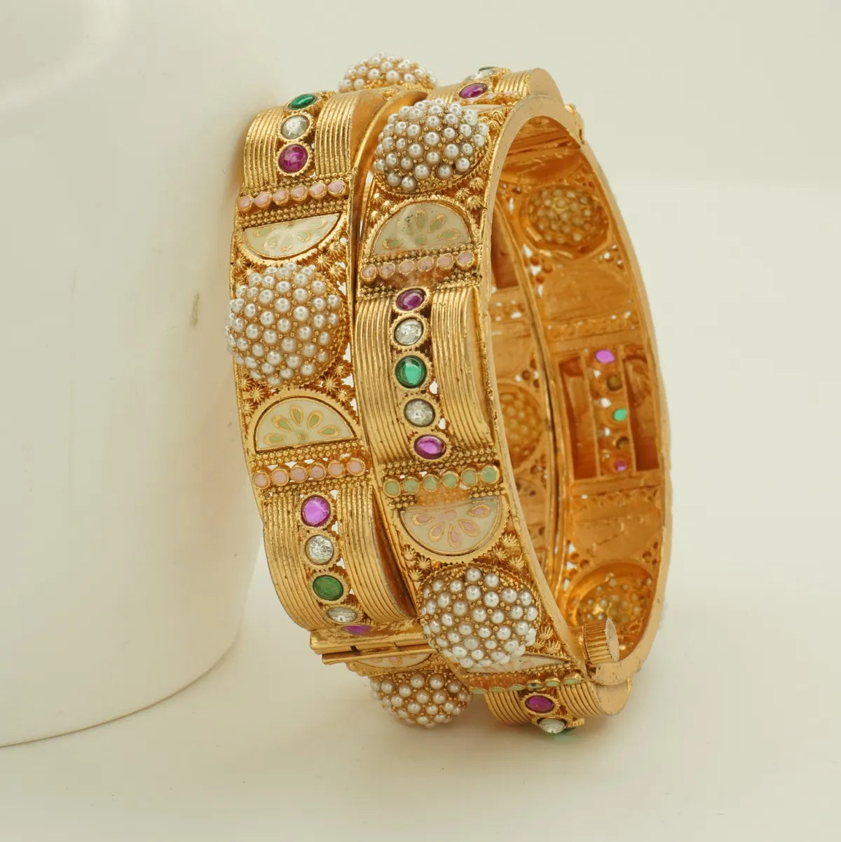 Antique Gold Plated Pearl Dome Heavy Bridal Bangle Set for Women
