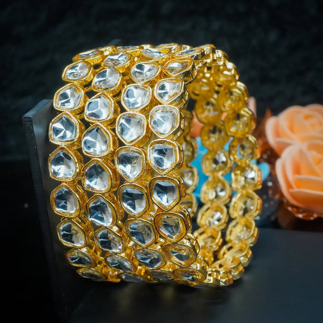 Gold Plated Uncut Kundan Bangles Set (4 Pieces )