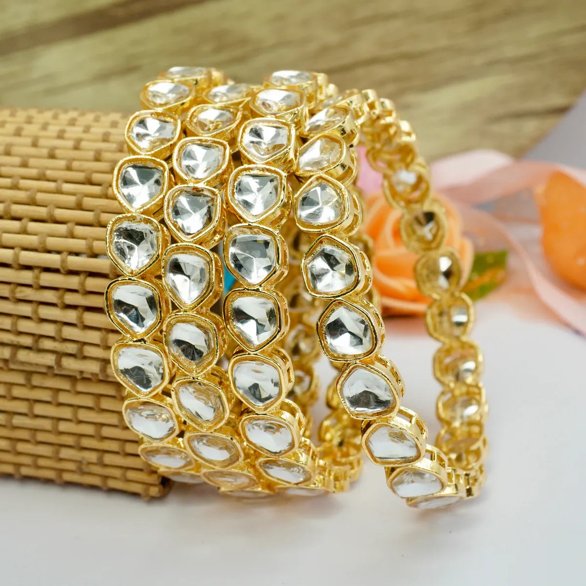 Gold Plated Uncut Kundan Bangles Set (4 Pieces )