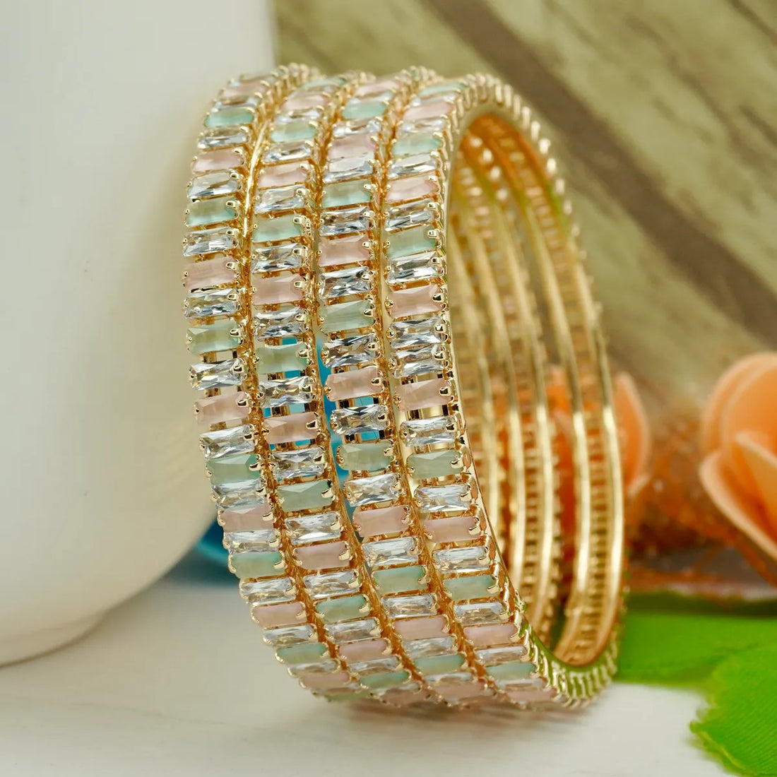 Mint Pink Designer Bangles Set (4 Pieces)