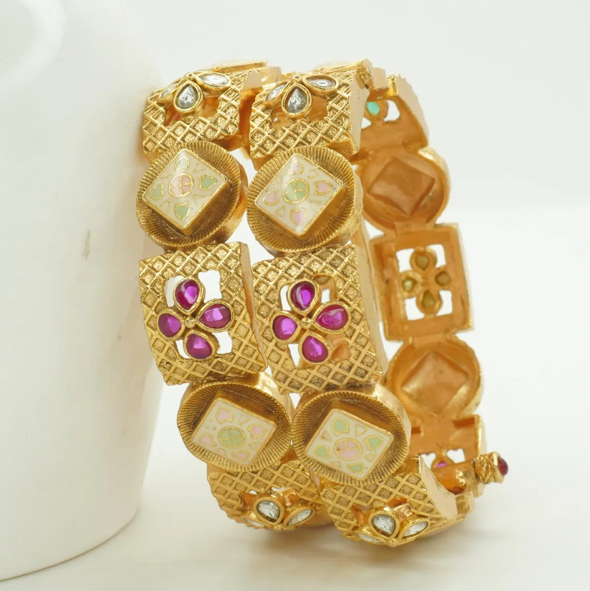Designer Antique Gold Plated Meenakari & Stone Kada Bangle Pair for Women
