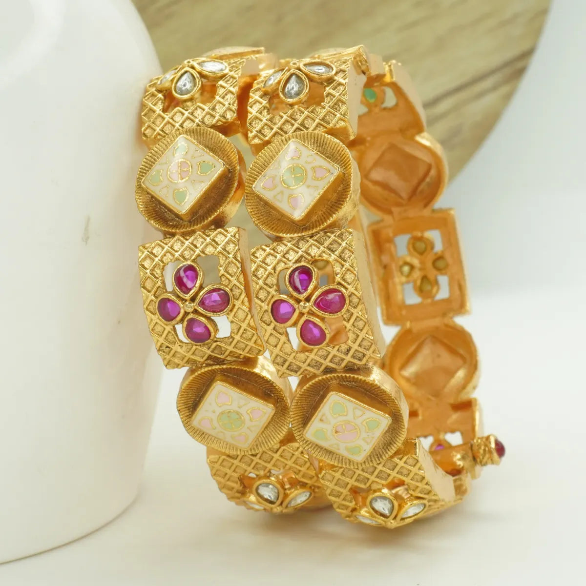 Designer Antique Gold Plated Meenakari & Stone Kada Bangle Pair for Women