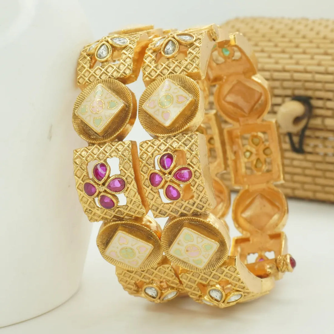 Designer Antique Gold Plated Meenakari & Stone Kada Bangle Pair for Women