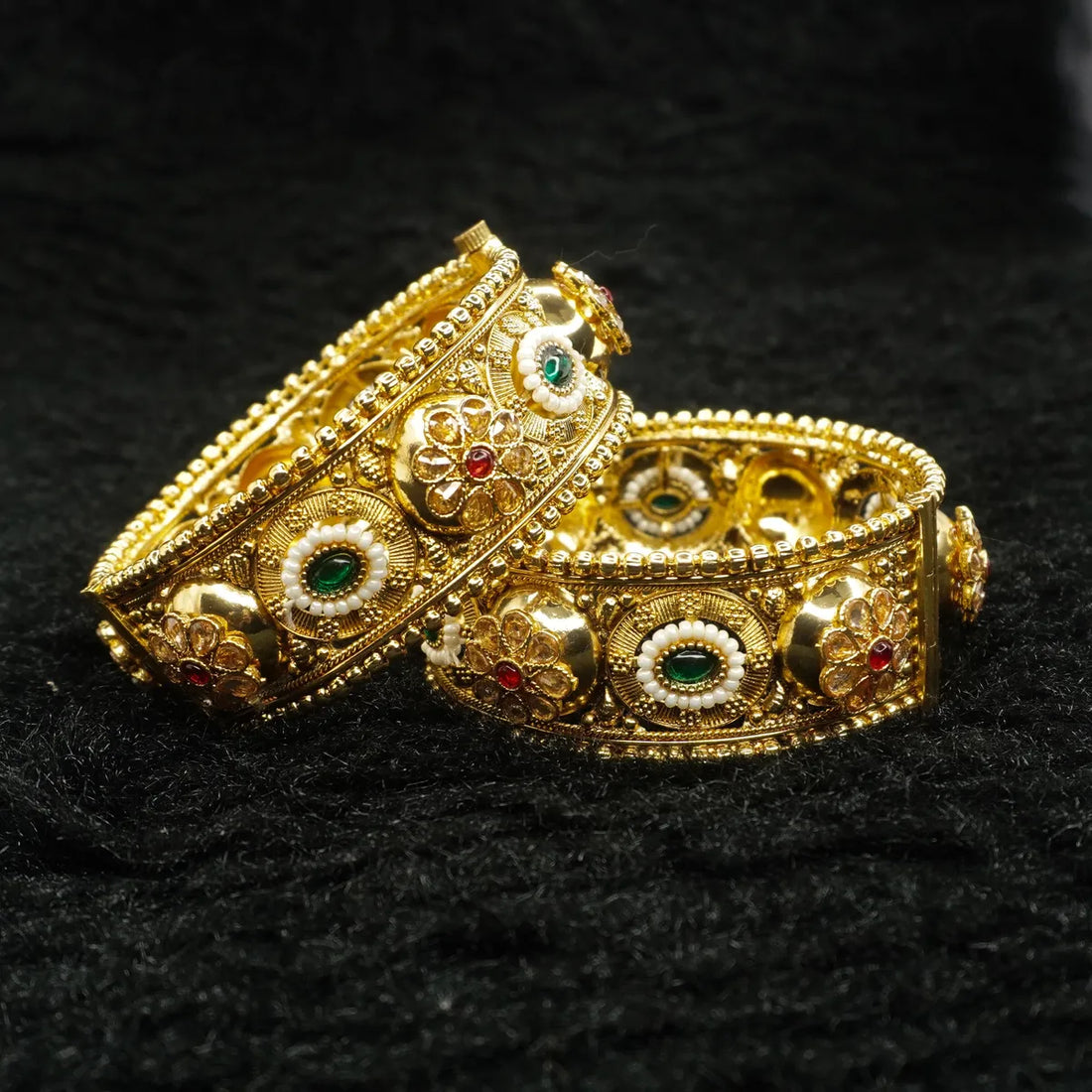 Gold-Plated Traditional Temple Kada with Green & White Stone Detailing