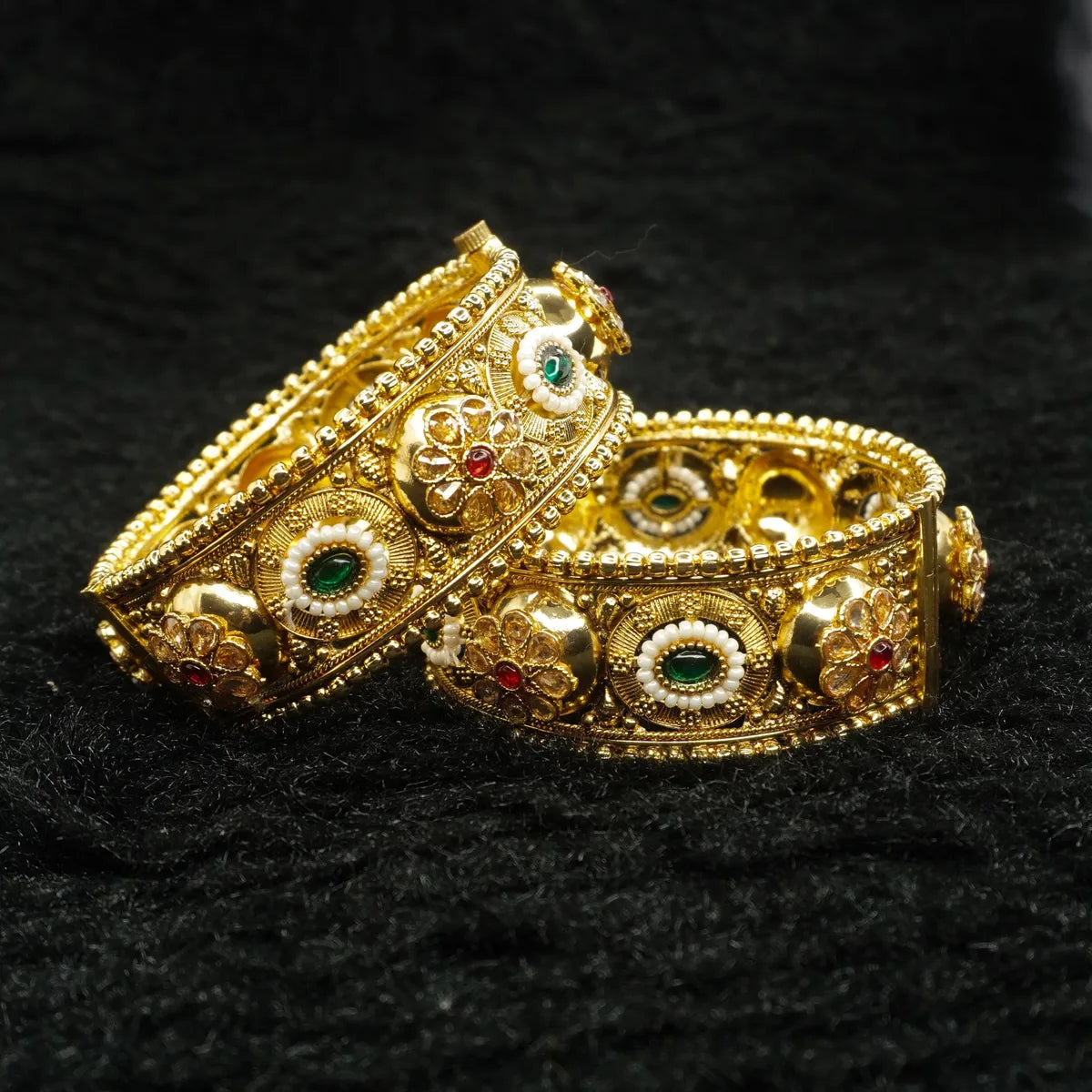 Gold-Plated Traditional Temple Kada with Green & White Stone Detailing