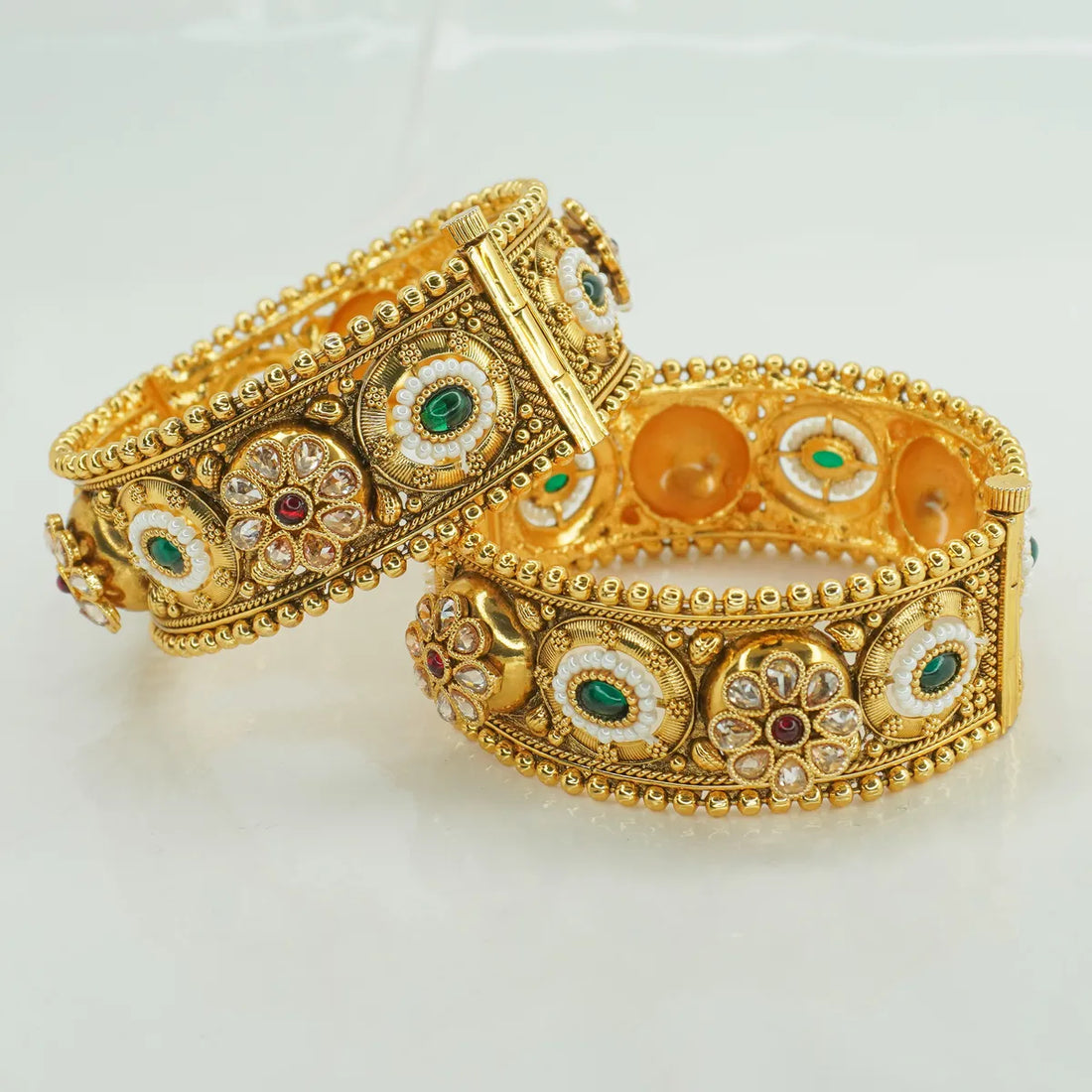 Gold-Plated Traditional Temple Kada with Green & White Stone Detailing