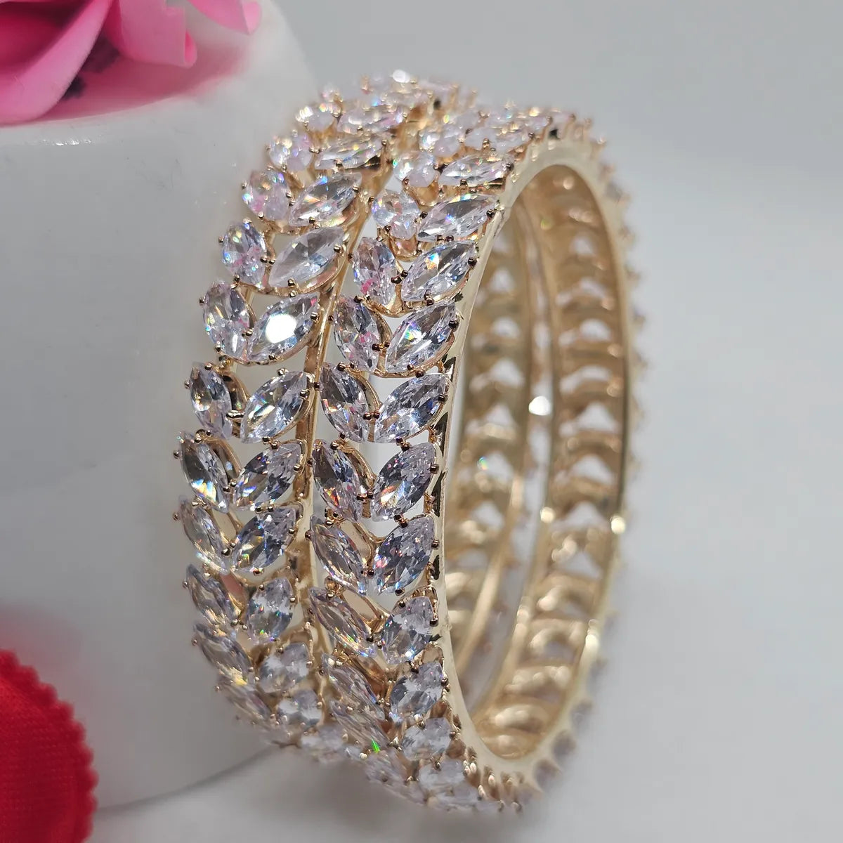 Gold Plated Flower Leaf Shaped Ad Bangles Set ( 2 Pieces )