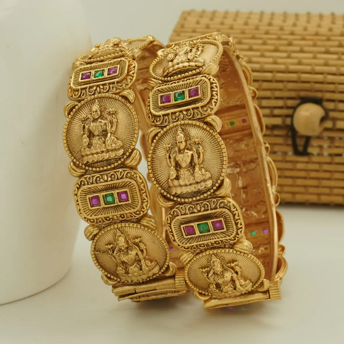 Antique Gold Plated Temple Jewellery Lakshmi Motif Bridal Bangle Set for Women