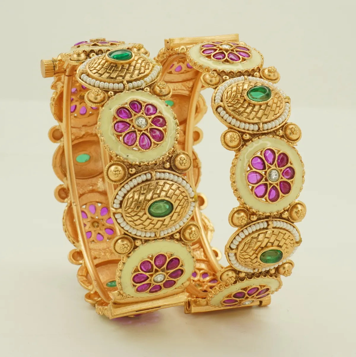 Antique Gold Plated Heavy Bridal Green and Pink Stone Designer Bangle Set